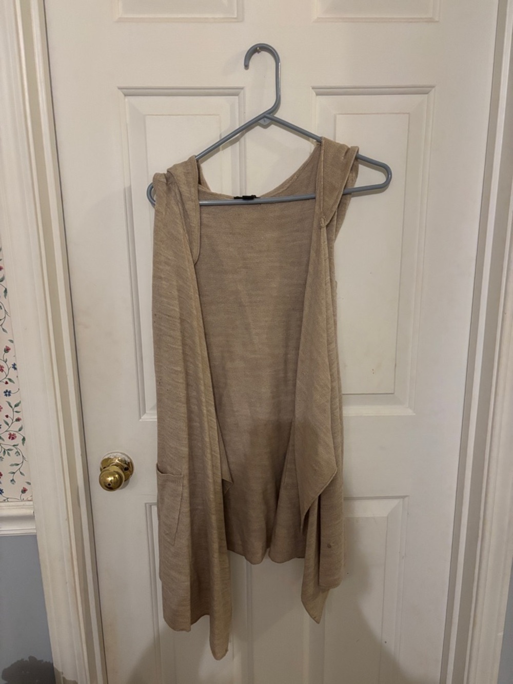 Lightweight Hooded Open-Front Cardigan Vest - Beige